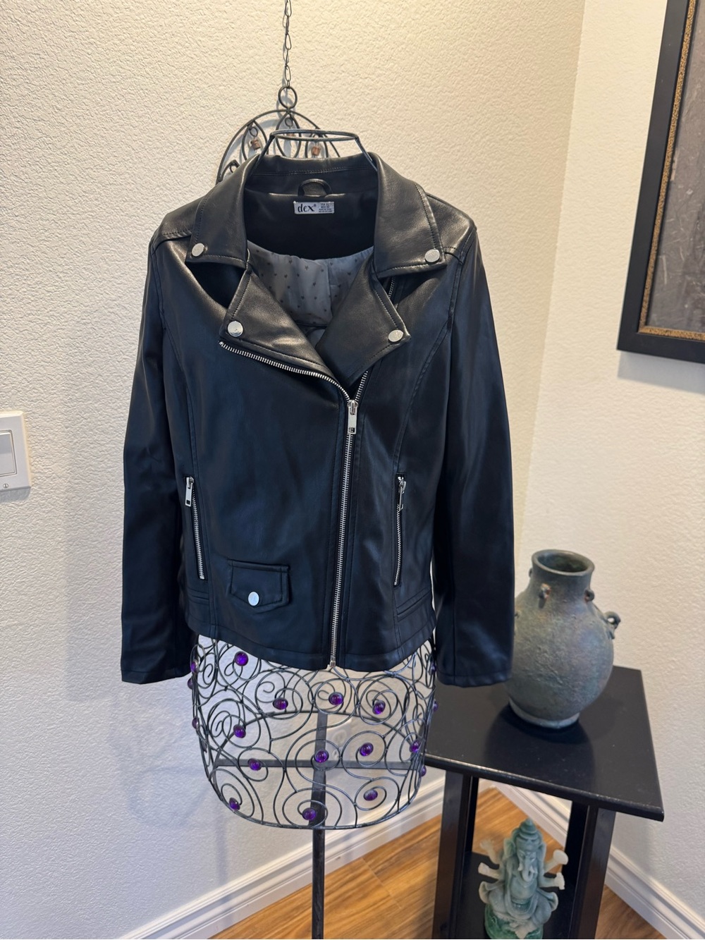 Dex Black Faux Leather Moto Jacket with Silver Hardware